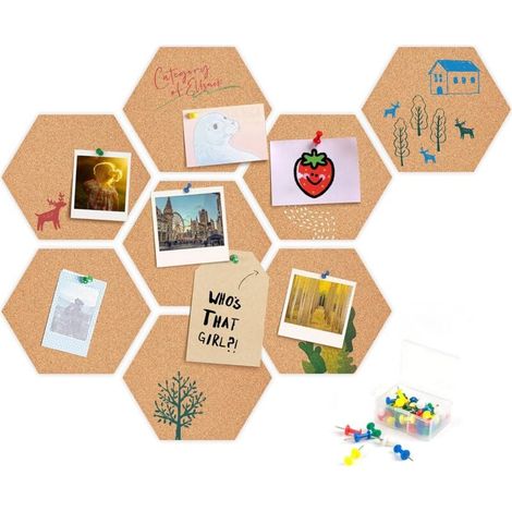 Tableau en liège, 8 tableaux d'affichage en liège autocollant Tableau en liège hexagonal avec punaises - pour accrocher des tableaux, décorations murales (1/4)