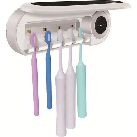 1 Support de brosse à dents, 5 emplacements, fonction minuterie, sans fil, montage mural, pour salle de bain (1/5)