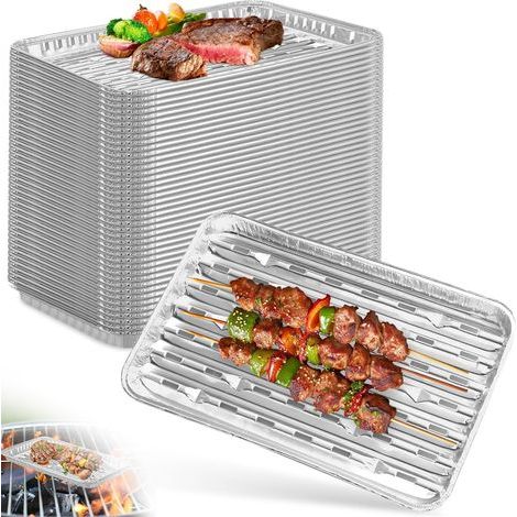 20 Barquettes Aluminium, Fentes Égouttement, 34x23cm, Cuisson Viande, Barbecue Gaz Charbon Four (1/5)