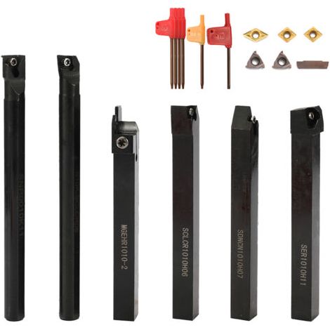 TONYSA Outils de coupe de tour, porte-outils de tournage, 6 outils de tournage, barre d'alésage de 10 mm, outils de tournage en métal avec plaquettes en carbure, alésage et découpe de rainures et de f