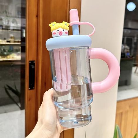 Tasse à thé de 900 ml avec personnage de dessin animé et paille, gobelet transparent grande capacité avec anse, bleu clair (1/3)