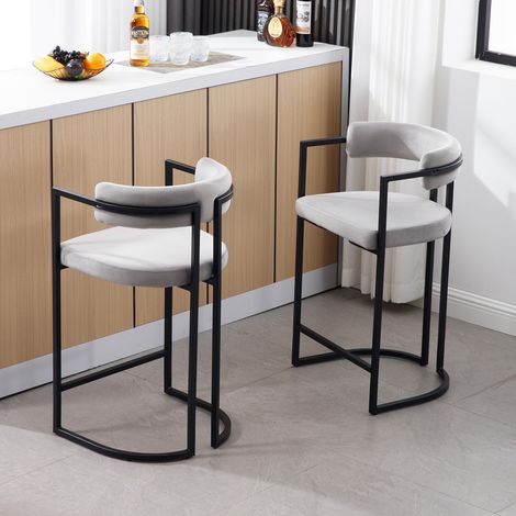 Wahson Lot de 2 tabourets de bar avec accoudoirs et dossier – Velours gris – Structure en métal noir – Confort optimal pour bar et cuisine, Gris