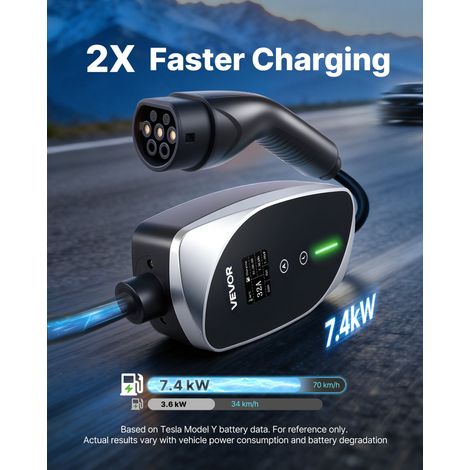 Chargeur Voiture Électrique 7,4 kW Borne de Recharge Véhicule Électrique Mobile 32 A avec Câble Recharge Type 2 6 m, Prise CEE 32 A Monophasé, Écran LCD, Courant Réglable, Boîtier Commande IP66 (1/5)
