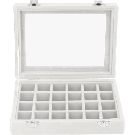 Boîte à bijoux en velours blanc avec 24 compartiments et serrure - Écrin organisateur pour boucles d'oreilles et bagues