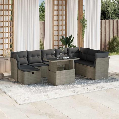 Set muebles jardín 9 pzas y cojines ratán sintético gris claro vidaXL (1/5)