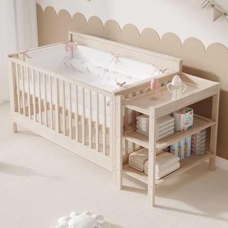 DESMIU Lit Bébé 1 Place avec Réglage 3 Hauteurs, Table à Langer et Étagère, 140 × 70 cm, Sans Matelas (1/5)