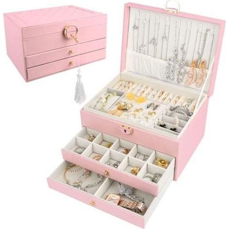 Boite a Bijoux, Rangement Bijoux 3 Niveaux Boite a Bijoux Fille, Boite à Bijoux Femme Boite Rangement Bijouxrange Bijoux Femme pour Boucles, Colliers,Bagues, (1/5)