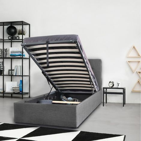 Le Quai Des Affaires – Lit coffre PARMA 90x190 cm – Grand coffre de rangement 417L – Tête de lit capitonnée – Sommier 12 lattes en bois – Gris foncé