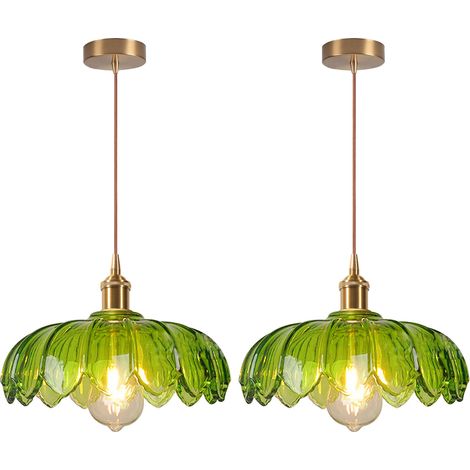 2PCS Rétro Lustre Suspension en Verre forme Fleur Vintage E27 Lampe de Plafond Abat-jour pour Chambre Cuisine Salon Salle à Manger Vert