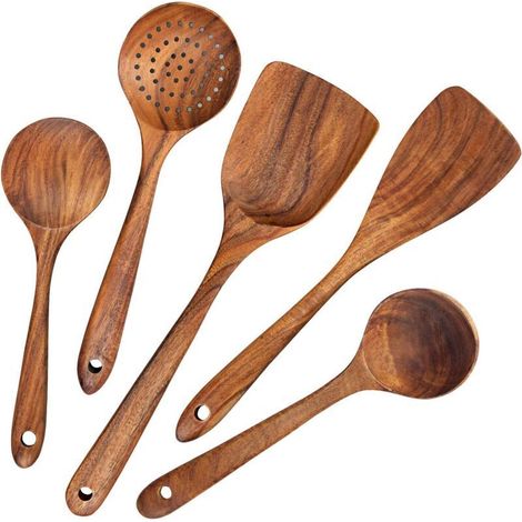 Ustensiles de Cuisine,5 pcs Ensemble d'ustensiles de cuisine japonais en bois Outils Ensembles d'ustensiles résistant à la chaleur sans égratignures (1/5)