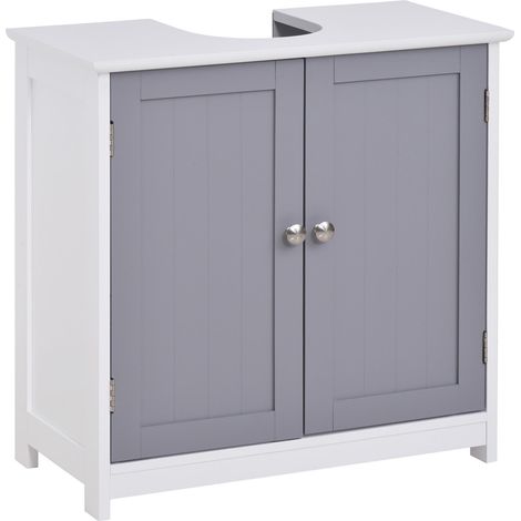 Meuble salle de bain sous lavabo - meuble sous-vasque - placard 2 portes avec étagère - dim. 60L x 30l x 60H cm - en bois gris blanc (1/5)