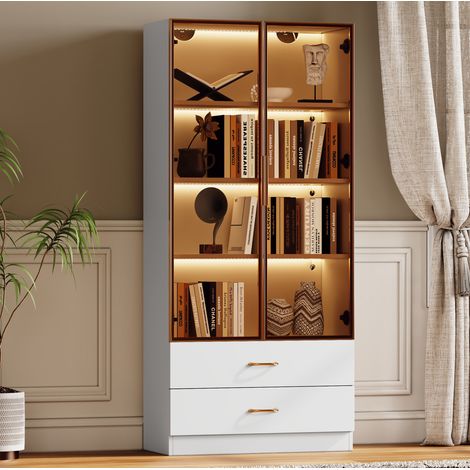 Mobile bagno 75 cm con illuminazione, 2 cassetti e 2 ante in vetro, bianco DESVIAE (1/5)