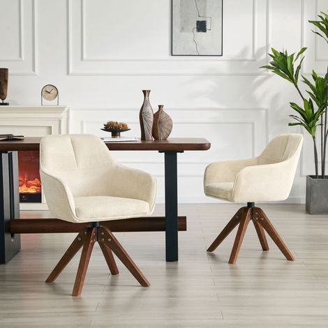 Lot de chaises 2 pièces pivotantes rotation 360° pieds en bois massif teinte noyer revêtement tissu crème assise en mousse dossier (1/5)