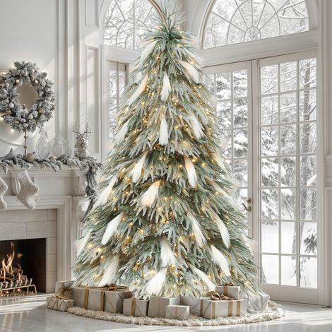 Sapin de Noël artificiel avec plumes - 183 cm - Sapin de Noël en polyéthylène pré-éclairé avec 30 plumes blanches, 355 branches, 400 LED blanc chaud vert floqué pour salon, bureau, décoration (1/5)