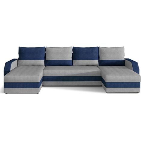 Canapé d'angle convertible panoramique bicolore velours gris clair et bleu Nordy 307cm (1/4)