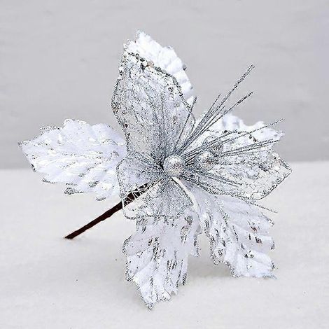 1 pièce de fleurs de Noël de 20 cm, décorations pour sapin de Noël, décorations pour la maison, fleurs artificielles pailletées, ornements de Noël, décorations de Noël et du Nouvel An, argentées, 22 c (1/5)