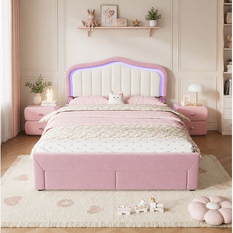 Kinderbett 140x200 cm aus rosa Samt mit 2 Schubladen und LED, platzsparend, ohne Matratze – MEUBLIV (1/5)