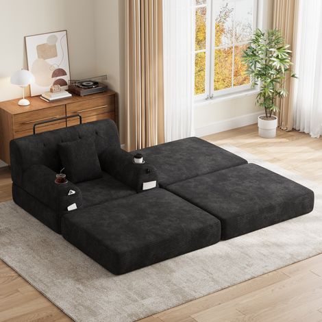 Fauteuil convertible 1 place 162x107x81 cm en tissu cord noir, gain de place pour salon FloraGrace (1/5)