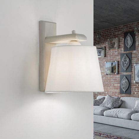 Wandlampe E27 Creme Natur Stoff Holz Modern Wandleuchte