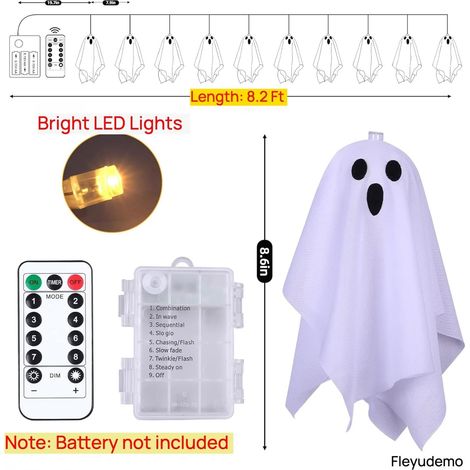 Guirlande lumineuse fantôme d'Halloween à 10 LED, alimentée par piles, 8 modes d'éclairage et minuterie, étanche, décoration intérieure/extérieure, idéale pour les fêtes, les porches, les fenêtres et  (1/5)