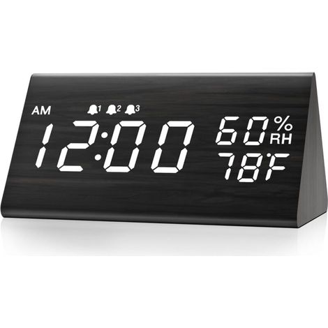 Réveil numérique avec boîtier en bois, affichage LED électronique, 3 réglages d'alarme et fonction de détection de la température et de l'humidité.