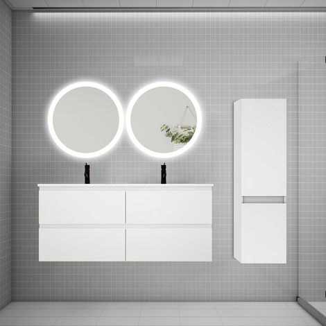 Ensemble meuble double vasque L.120cm 4 tiroirs + lavabo + 2LED miroirs rond 60cm + colonne,blanc,aica