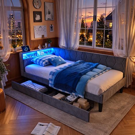 JOOKGBD–Divano Letto 90x200 cm,Letto Singolo,2 Cassetti,Letto Imbottito con LED e USB,Testiera con Ripiani Portaoggetti,Rete a Doghe,Velluto,Grigio