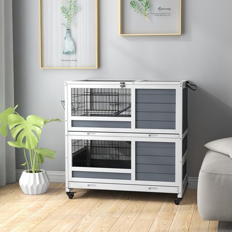 Clapier en bois d'intérieur sur roulettes 2 niveaux 2 plateaux coulissants, porte verrouillable 90L x 53l x 97H cm (1/5)