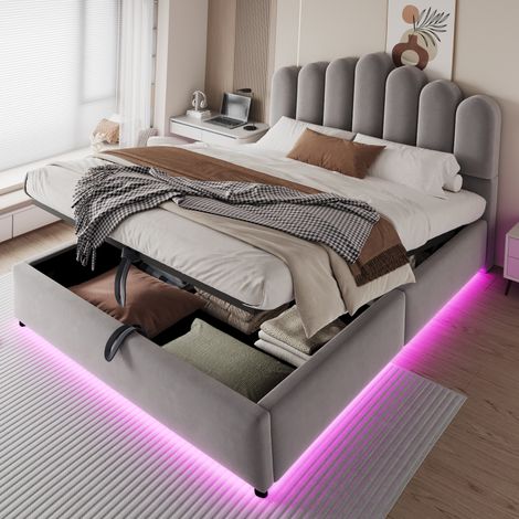 Lit capitonné 140 × 200 cm avec rangement hydraulique, bande lumineuse LED, tête de lit unique, volumineuse et confortable, sommier à lattes stable, tissu velours gris (1/4)