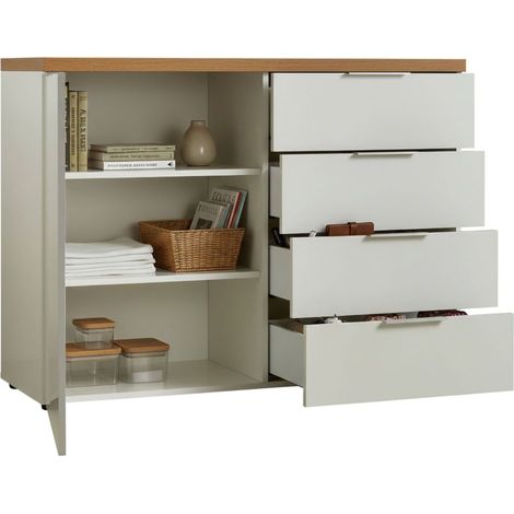 Alacena Bagwis, Aparador 2 Estantes, 4 Cajones Made in Italy, Una puerta, 120x43x89h cm Blanco Brillante