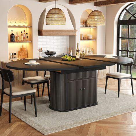 Table à manger extensible 118-158x118 cm pour 4 à 6 personnes, rangement intégré 2 portes, étagères réglables, pied central rainuré, MDF noir (1/5)