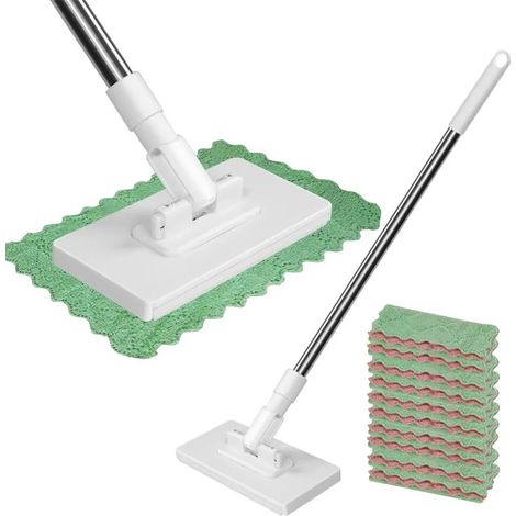 Balai à franges avec système de fixation par pression, tête de balai, changement de lingette par simple pression d'un bouton, fixation automatique de la lingette, avec 10 lingettes en microfibre réuti (1/5)