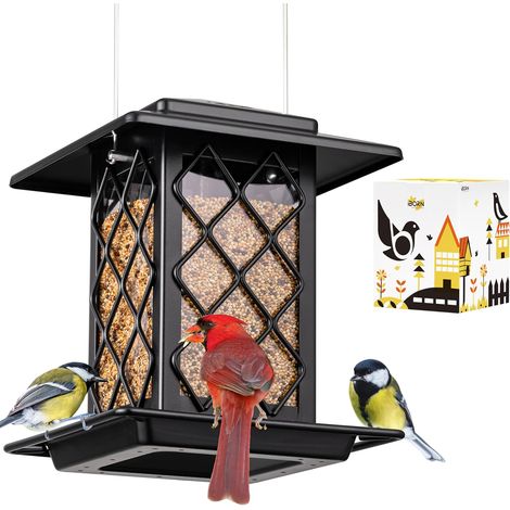 Mangeoires à oiseaux pour l'extérieur, mangeoire à oiseaux en métal, mangeoires à oiseaux sauvages pour cardinal, capacité de 1 kg, grand toit de 17,7 cm, style lanterne, noir (1/5)