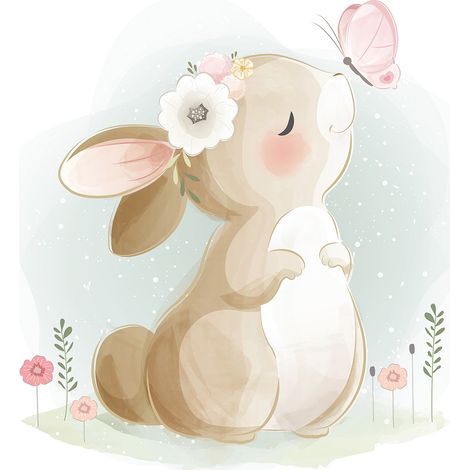 Papier peint panoramique Enfants - Lapin Papillon - 130 cm x 93 cm (1/2)