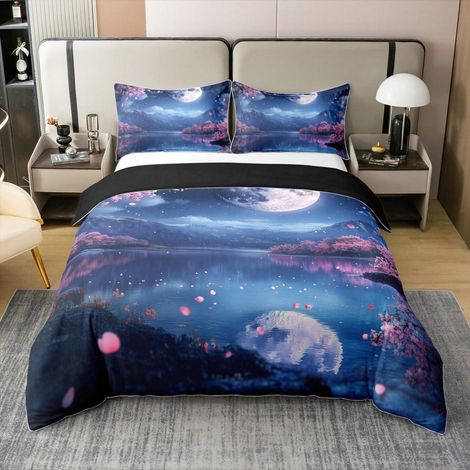 Ensemble de literie 135x200cm 100% coton Style japonais Lune Montagne Aquarelle