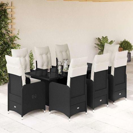 Set de mesa y sillas de jardín 9 pzas y cojines ratán PE negro