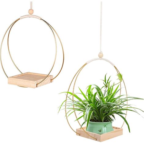 2 Pièces Pot Suspendu Plante Interieur Exterieur, Pots De Fleurs Suspendus Décoratifs, Boho Moderne Suspension Plante Intérieure, Palette en Bois 5, avec Crochets(Or) (1/5)