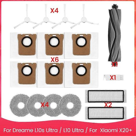 Pour aspirateur robot Dreame L10s Ultra / L10 Ultra / Xiaomi X20+ : brosse latérale principale, filtre HEPA, lingette de nettoyage et sacs à poussière. (1/5)