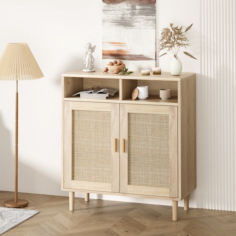 Buffet en rotin - 80 x 92 x 40 cm - Avec 2 compartiments ouverts et 2 portes en rotin - Commode en bois - Armoire de rangement - Table de buffet - Table de rangement - Armoire à café - Meuble (1/5)