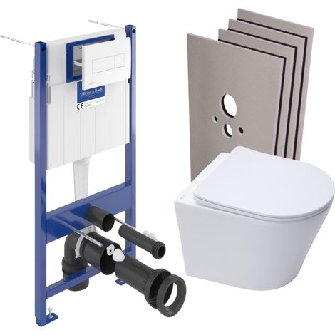 Villeroy & Boch – Pack WC bâti-support avec WC suspendu sans bride – Abattant softclose – Plaque double touche blanche – Set d'habillage hydrofuge