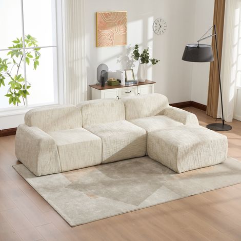 Canapé d'angle modulaire 3 places canapé compressé, 1 pouf, sans montage, mousse haute résilience 30D, confort moelleux, chenille, beige