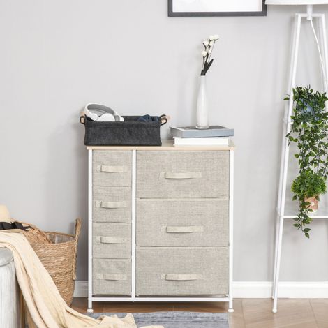 Commode à 7 tiroirs en tissu gris clair avec structure en acier, plateau mélaminé, tiroirs pliables et pieds réglables pour rangement gain de place - CHICFURN (1/5)