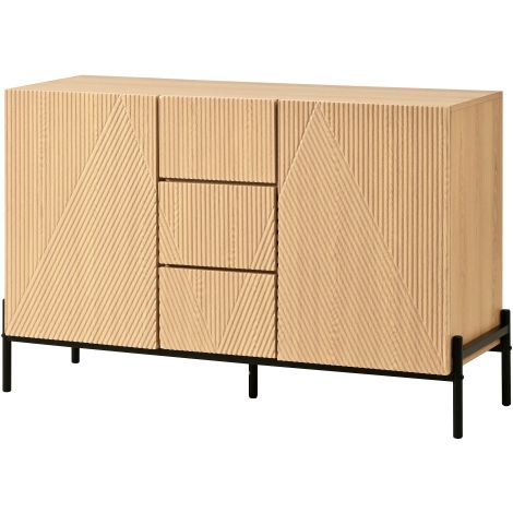 Buffet bois motif géométrique, tiroir central, portes doubles, pieds métal