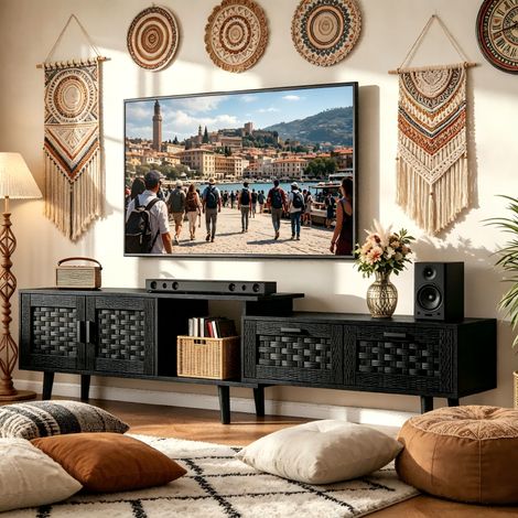 Meuble tv 146-180x29.8x44 cm modulable , Meuble Télé avec 2 portes fermées et 2 tiroirs, Console TV, Armoire bas tv, Table Télé, noir, pour Salon, Chambre, pour Télévision jusqu'à 65 Pouces