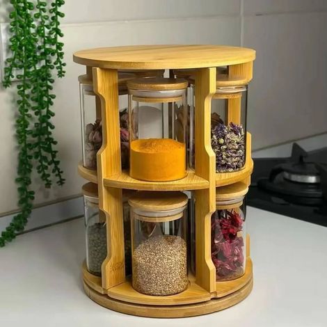 Étagère de rangement rotative en bambou - bocaux en verre avec couvercles en bambou, idéale pour ranger toutes vos épices, céréales et café. (1/5)