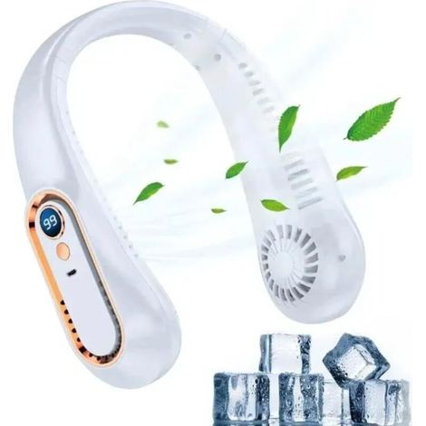Neck Fan, Cooling Plate and Lights, Portable Hanging Bladeless Rechargeable Digital Display for Women and Men, Vacation, Travel, Camping (White) (1/5)
