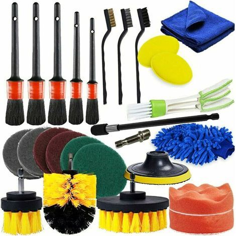26 piezas Cepillo de limpieza para taladro, cepillo, rueda y abrasivo para taladro, kit de limpieza interior para coche, cepillo para llantas, para superficies de baño, suelo, bañera y automóvil (1/5)