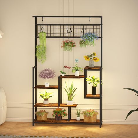 Étagère à plantes haute en métal à 7 niveaux avec lampe intégrée – Piédestal robuste pour fleurs et bonsaï avec crochets pour intérieur, balcon ou salon – Présentoir multifonction (1/5)