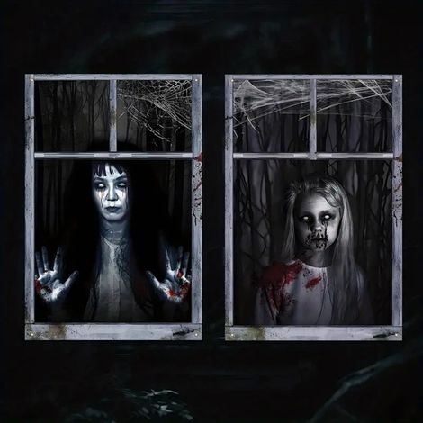Décorations d'Halloween pour fenêtres : rideaux, guirlandes, fanions pour une fête d'Halloween en extérieur (2 pièces) - 80 x 120 cm - NG-27