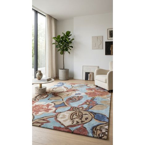 Tapis design FloralThreads - Designertapis - 290x190cm, Rectangular - 70% Laine vierge, 30% Soie de bambou - Tufté main - Bleu clair